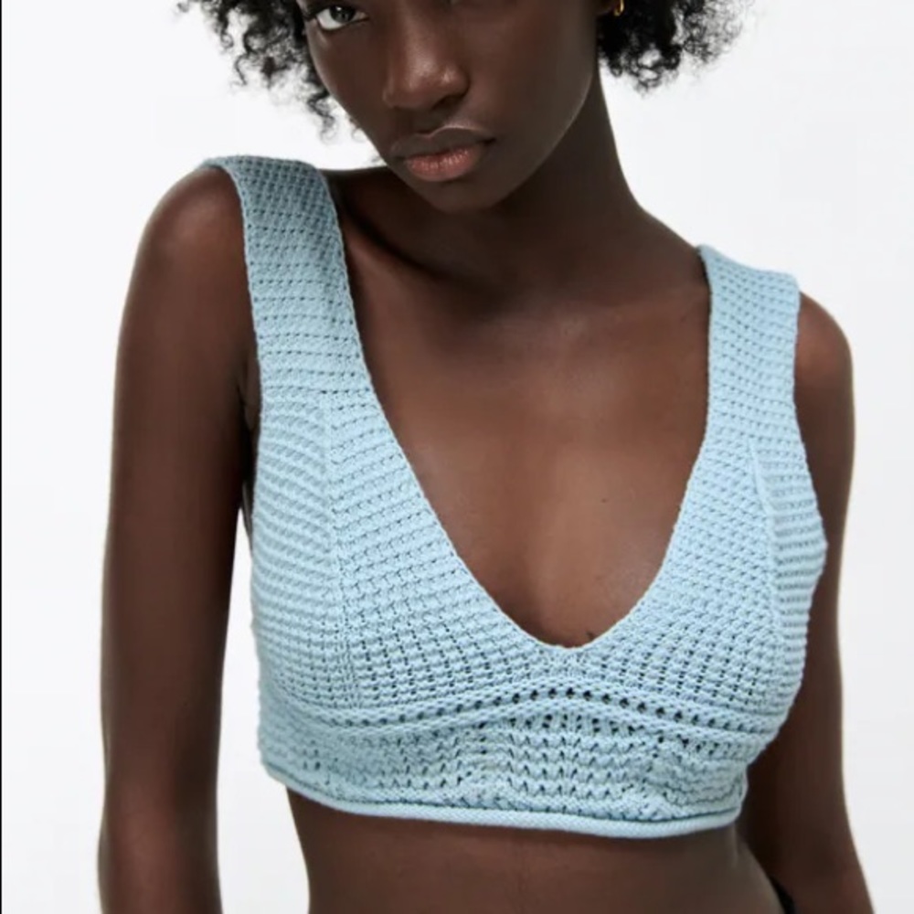 NWT ZARA Crop Knit Top Blue M - Picture 2 of 6